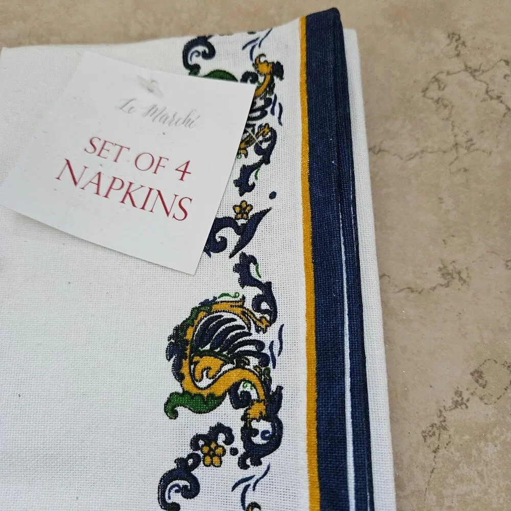 RARE SET 4 NEW LE MARCHI NEW YEAR CHINESE DRAGON BLUE COTTON DINNER NAPKINS